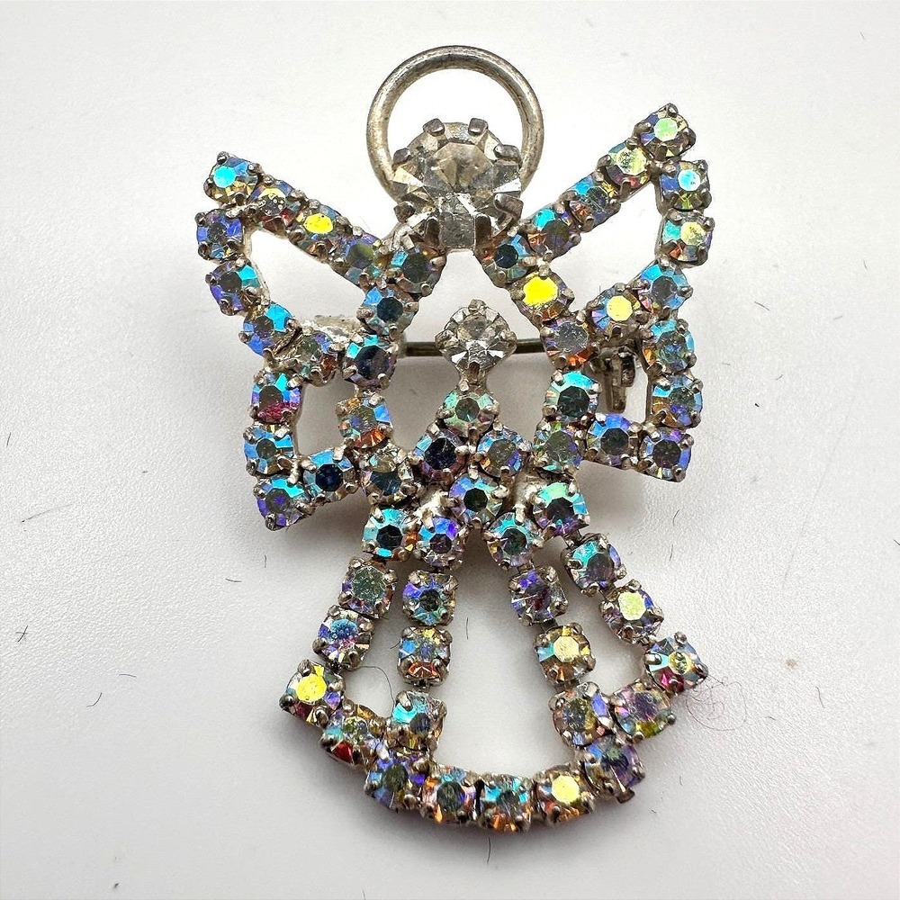 Vintage 90s Silver Tone Angel‎ Brooch Pin Aurora Borealis Glass Fashion Jewelry